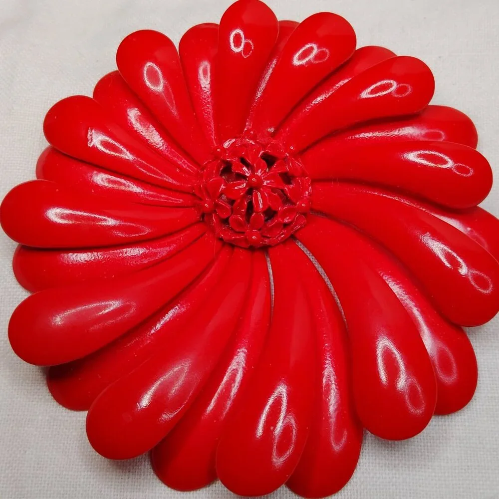 1960s Red Enamel Flower Brooch • Tiered Petals & Filigree Center • 3”